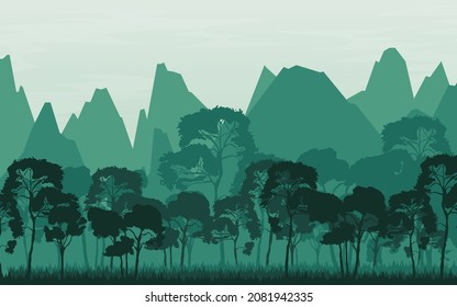 
Vector landscape with silhouettes of mountains, trees and forests with sunrise or sunset sky.