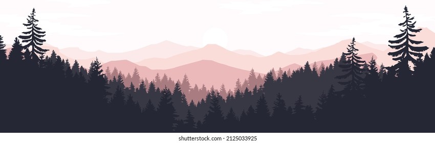 
Vector landscape with silhouettes of mountains, trees and sky at sunrise or sunset.