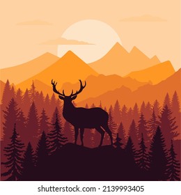 Vector landscape with silhouettes of mountains, trees and two deer with sunrise or sunset sky and lens flares EPS