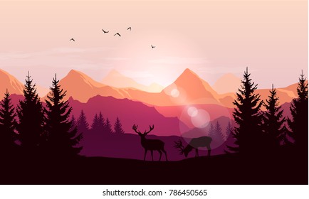 Vector Landscape With Silhouettes Of Mountains, Trees And Two Deer With Sunrise Or Sunset Sky And Lens Flares
