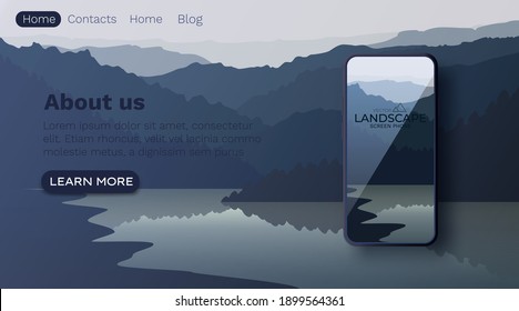 Vector landscape with silhouettes of mountains and water. Mountain lake. Nature background. Smartphone screen wallpaper mockup. Vector illustration.
