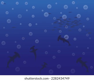 Vector landscape with silhouettes of the seabed with different types of fish and bubbles for background or banners