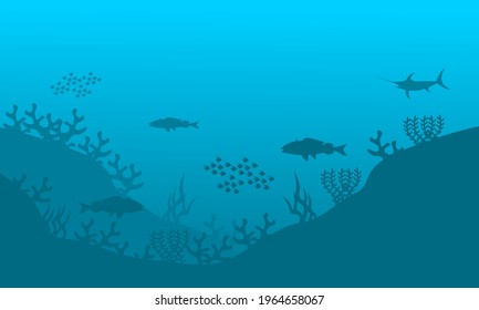 Vector landscape with silhouettes of seabed with seabed plants and various types of fish for background or banners.