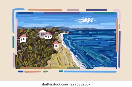 Vector landscape with simple frame. Seashore. Summertime. Village near the sea. Pointillism style. Isolated on light background.