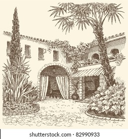 Vector landscape. A sketch of the eastern courtyard with flower beds, cypress and palm trees