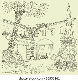 Vector landscape. A sketch of the eastern courtyard with flower beds, cypress and palm trees