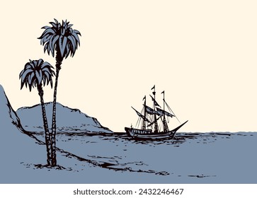 Vector landscape. Sketch of a fishing boat