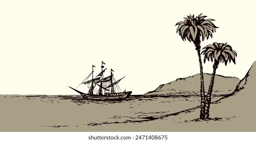 Vector landscape. Sketch of a fishing boat