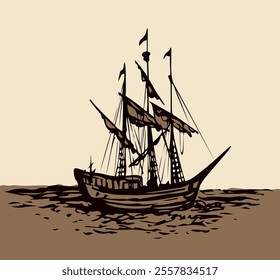 Vector landscape. Sketch of a fishing boat