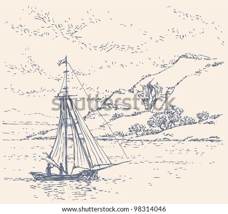 Vector landscape. Sketch of a fishing boat drifting off the coast