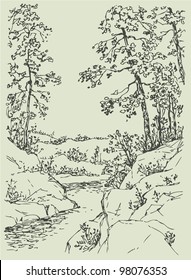 Vector landscape. Sketch a mountain stream flowing between rocky shores with spreading trees