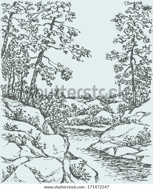 Vector Landscape Sketch Mountain Stream Flowing Stock Vector (Royalty