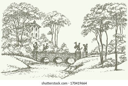 Vector landscape. Sketch of an old stone bridge over a rivulet in the park with an English-style palace in the background