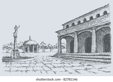 Vector landscape. Sketch of the old town square with buildings of temple and fountain