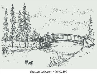 Vector landscape  Sketch quiet corner the park and bridge over the river   poplars along the road