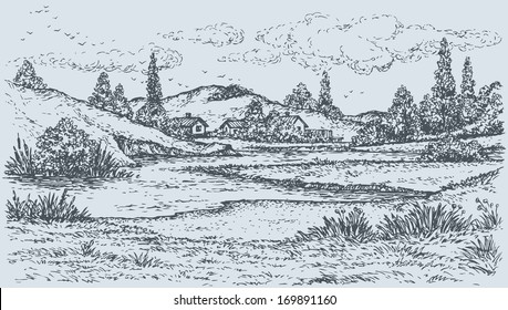 Vector landscape. Sketch village on the lake in the hills on a cloudy day