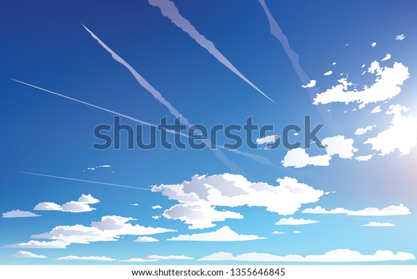 ベクター画像風景の空の雲 空の中の飛行機 アニメ風の漫画 背景デザイン のベクター画像素材 ロイヤリティフリー 1355646845