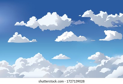 Vector Landscape Sky Clouds. Sunset. Anime Cartoon Style. Background Design