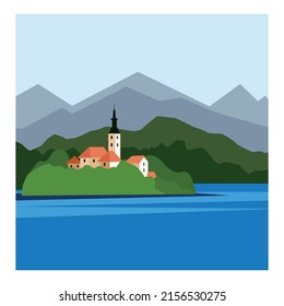 Vector landscape of a small town in the middle of the lake.