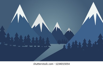 Vector landscape with snow on the mountain and pine tree hill