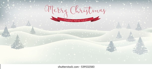 Vector landscape of snowy mountain and Christmas trees in winter with snow storm raining down refer to Christmas that is coming soon. Merry Christmas.