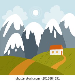 Vector landscape with snowy mountains, sun and white house on a green hills. The road to the mountain house. Vector hand drawn illustration.