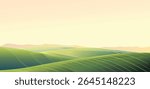 Vector landscape with soft hills under a warm sunrise. Gradient sky in golden-peach tones with a radiant sun. Clean geometric shapes for prints and digital use.