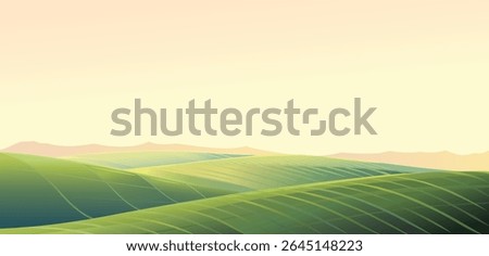 Vector landscape with soft hills under a warm sunrise. Gradient sky in golden-peach tones with a radiant sun. Clean geometric shapes for prints and digital use.