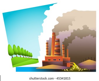 Vector landscape split into two areas: ecologically clean one, and environmentally dead one