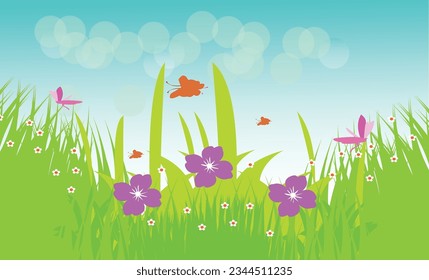 Vector landscape spring background with flowers.