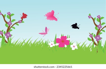 Vector landscape spring background with flowers.