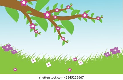 Vector landscape spring background with flowers.