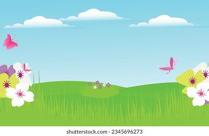 Vector landscape spring background with flowers.