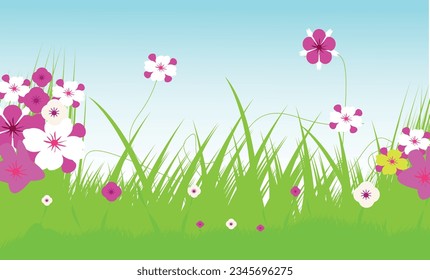 Vector landscape spring background with flowers.