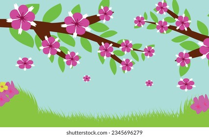 Vector landscape spring background with flowers.