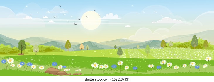 Vector landscape of Spring field with farmhouse, wild flowers and family bee flying, Panorama view in the summer with honey bee collecting pollen on flowers with morning sunlight, 