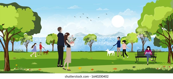 Vector landscape of Spring park by the sea with happy family having fun, boy walking the dog,  women sitting on bench reading a book,City lifestyle of people in Summer time