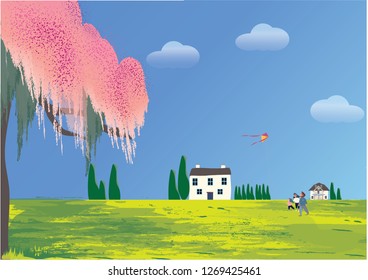 Vector landscape of spring scene in rural or countryside, green field with Wisteria flower with country house and horse barn a happy family playing kite.