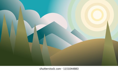 Vector landscape. Spring sunny mountains