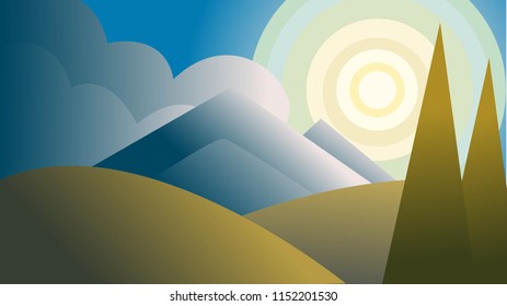 Vector landscape. Spring sunny mountains