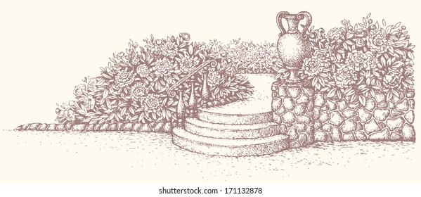 Vector landscape. Stairs with ancient amphora surrounded by blooming flowerbeds in the park