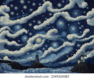 Vector landscape with starry sky and lighthouses
