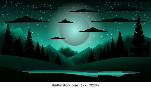 Vector landscape. Starry sky. Moon. Gloomy illustration. Banner.