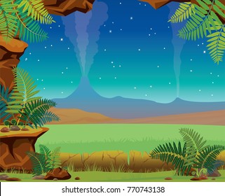 Vector landscape with stone cave, green fern and grass, active volcanoes, mountains and night starry sky. Summer illustration. Prehistoric nature.