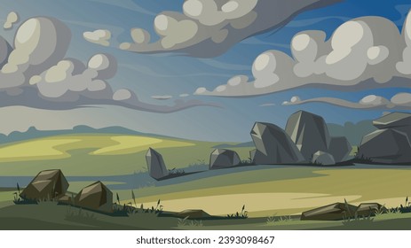 Vector landscape with stones and clouds