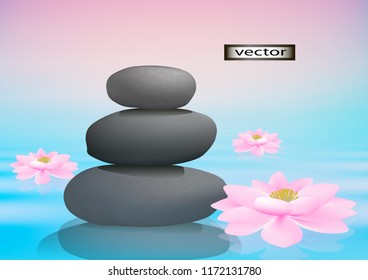 Vector Landscape stones relax and pink Lotus flowers in blue water realistic drawings of pink bathing in a clean lake, natural landscape tranquility harmony 3D vector realistic.