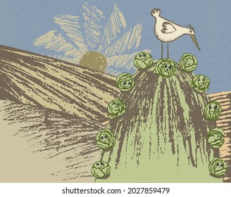 Vector landscape with a stork on a hill among cabbage. Bird picks a baby in a field