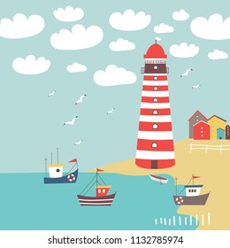 Vector landscape with striped lighthouse, fishing boats and colorful houses on the shore Vector illustration. 
