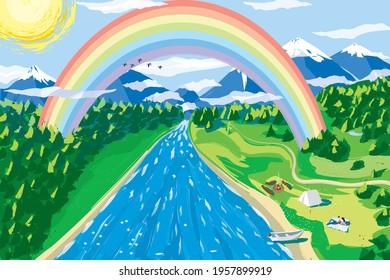 Vector landscape in the style of picturesque brush strokes with a rainbow and a couple on the riverside. EPS 10. Fragments of the landscape are separated by layers - river separately, forest separatel