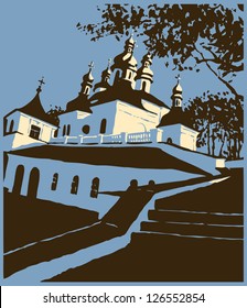 Vector landscape. Stylized image of ancient Orthodox Church at sunset